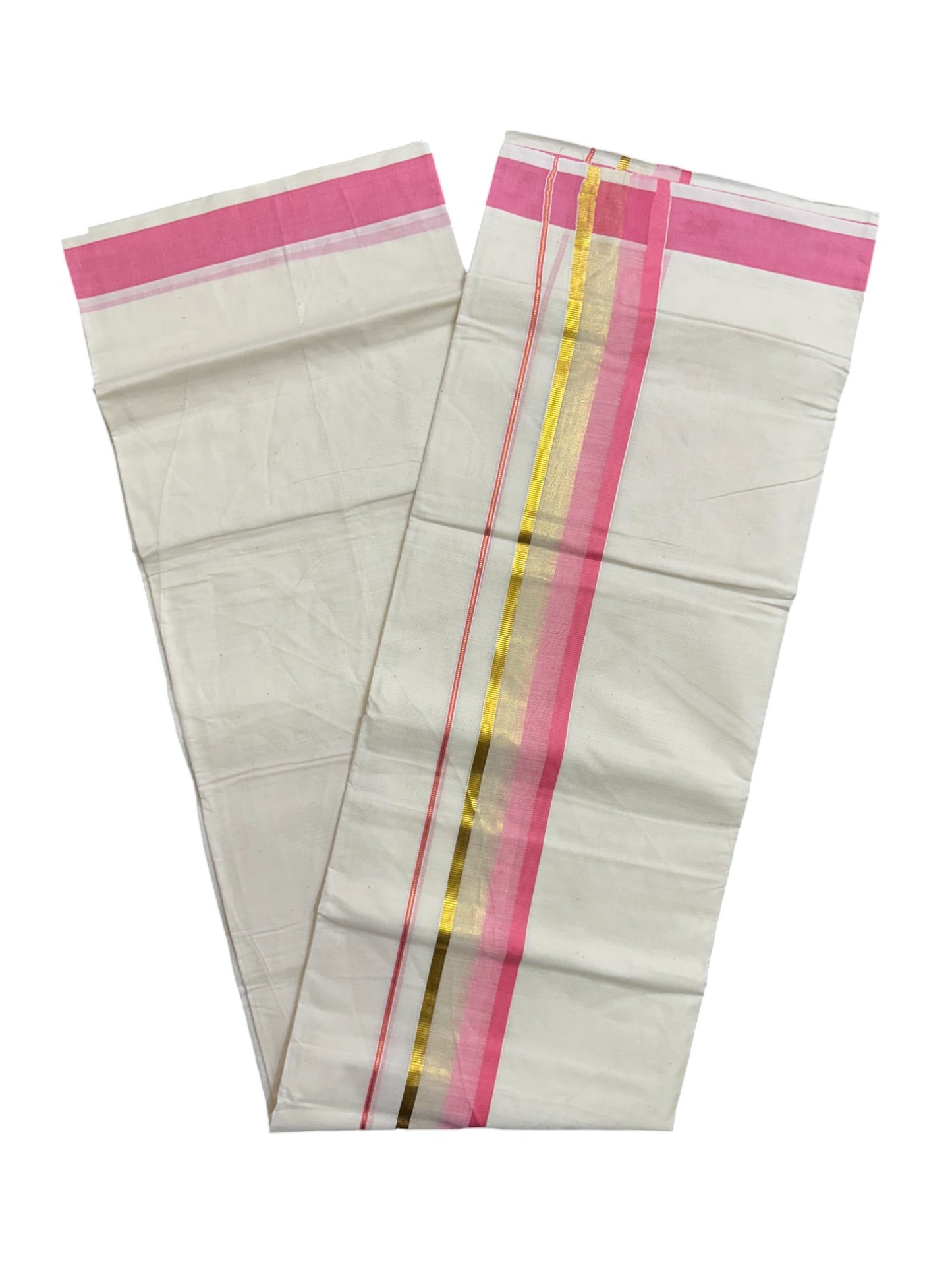 Off White Pure Cotton Double Mundu with Kasavu And Pink Kara (South Indian Kerala Dhoti)