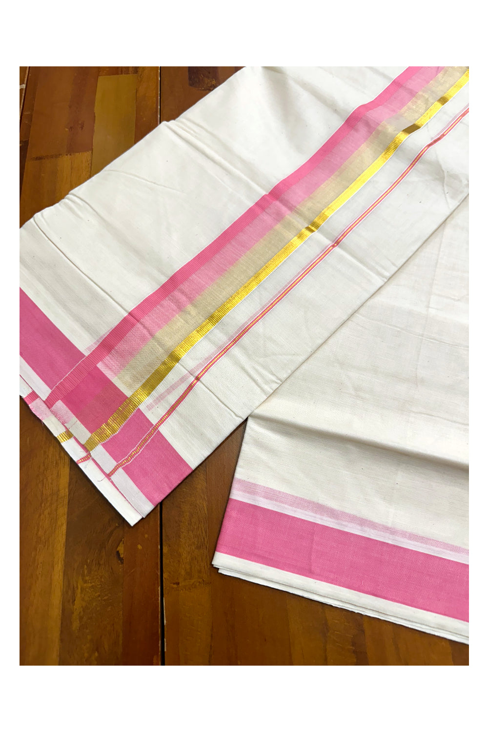 Off White Pure Cotton Double Mundu with Kasavu And Pink Kara (South Indian Kerala Dhoti)