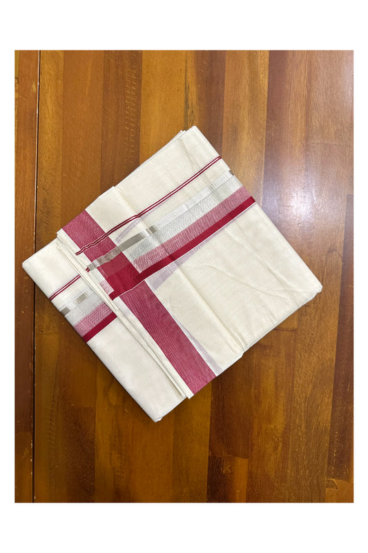 Off White Pure Cotton Double Mundu with Silver Kasavu And Red Kara (South Indian Kerala Dhoti)