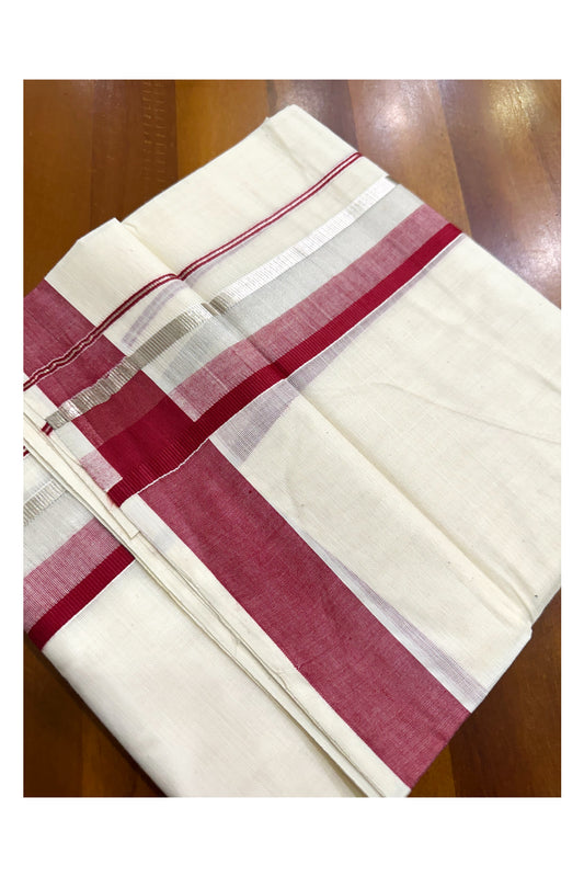 Off White Pure Cotton Double Mundu with Silver Kasavu And Red Kara (South Indian Kerala Dhoti)