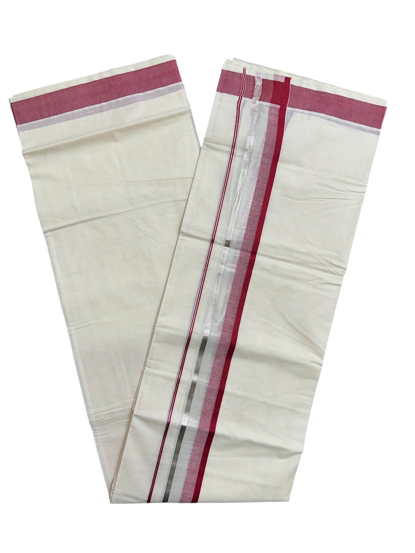 Off White Pure Cotton Double Mundu with Silver Kasavu And Red Kara (South Indian Kerala Dhoti)