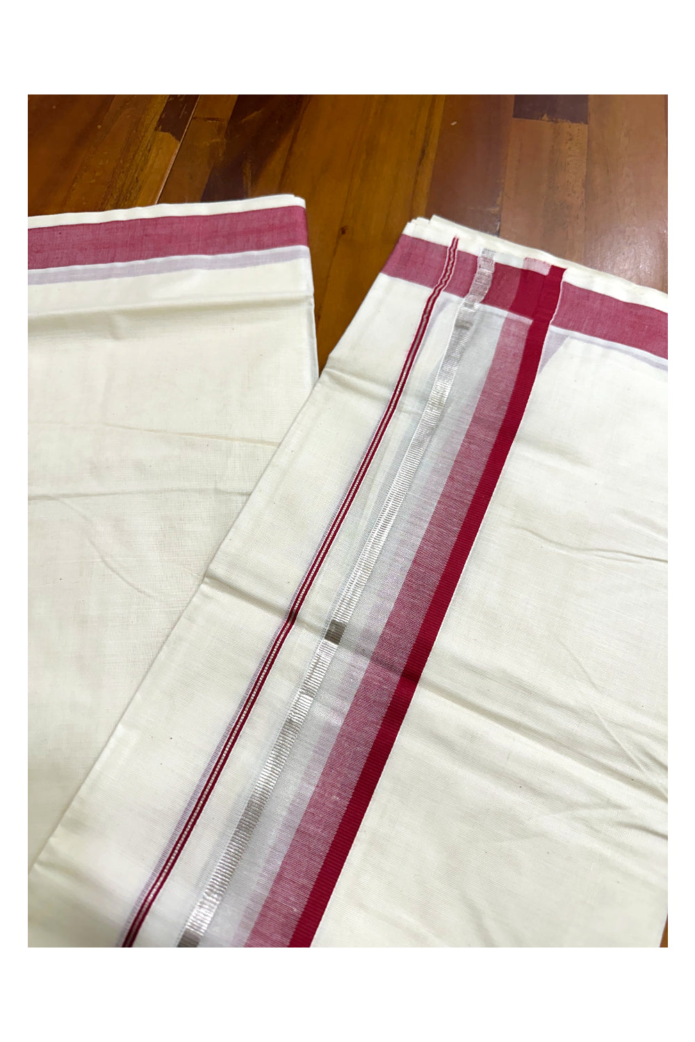 Off White Pure Cotton Double Mundu with Silver Kasavu And Red Kara (South Indian Kerala Dhoti)