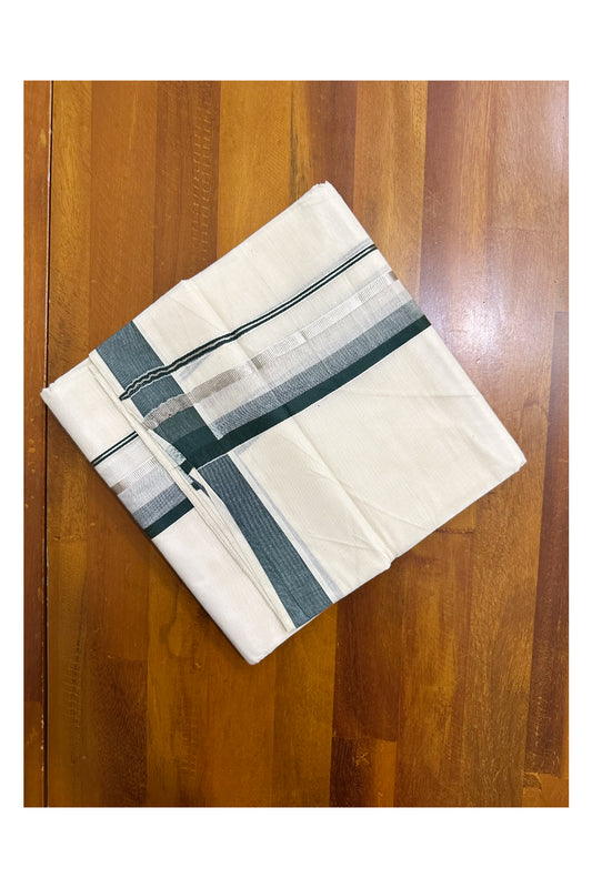 Off White Pure Cotton Double Mundu with Silver Kasavu And Green Kara (South Indian Kerala Dhoti)