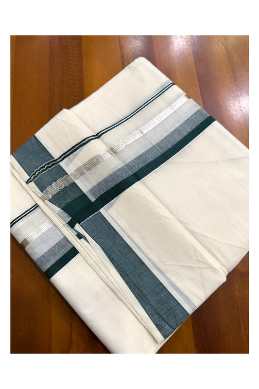 Off White Pure Cotton Double Mundu with Silver Kasavu And Green Kara (South Indian Kerala Dhoti)