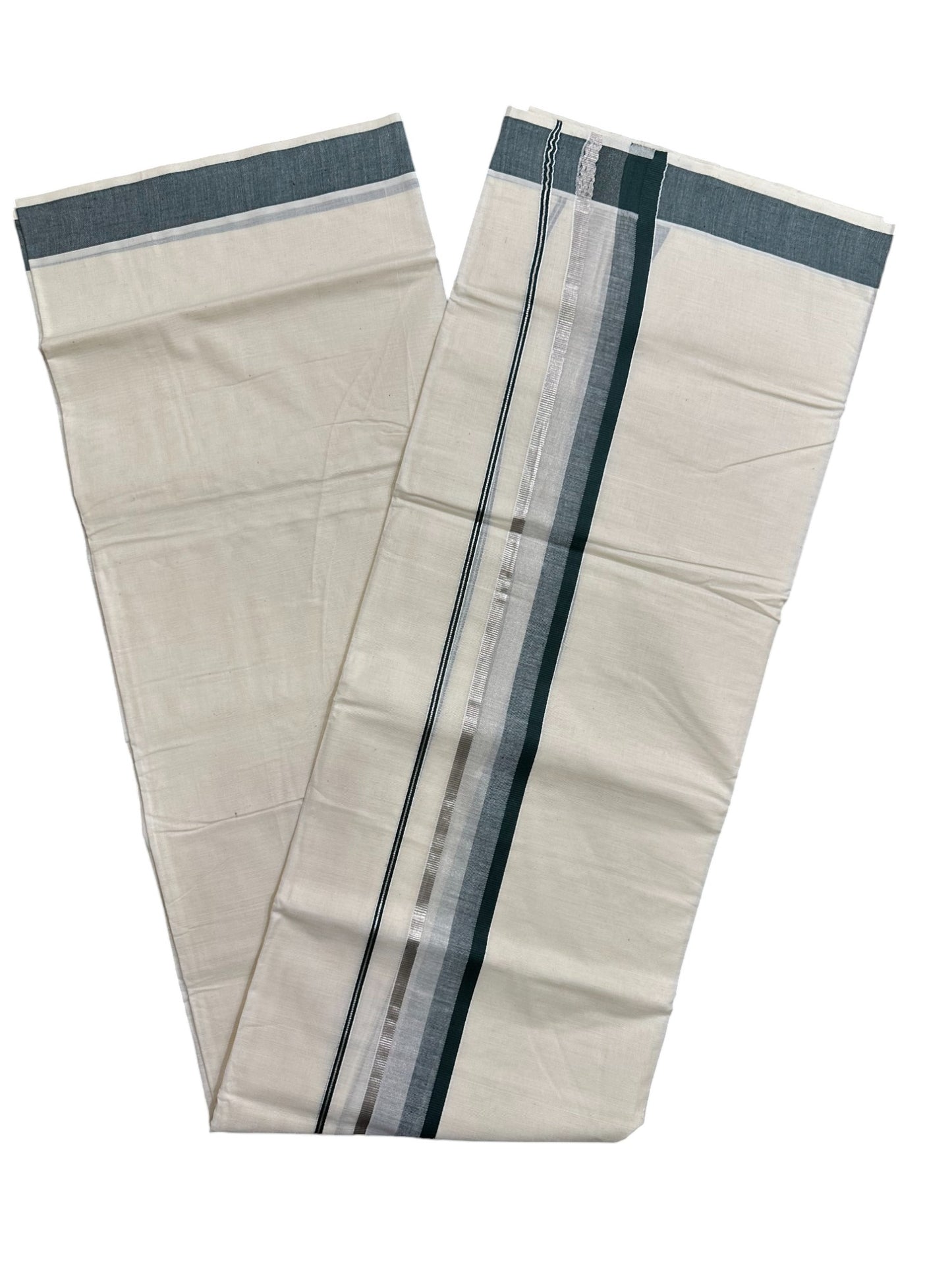 Off White Pure Cotton Double Mundu with Silver Kasavu And Green Kara (South Indian Kerala Dhoti)