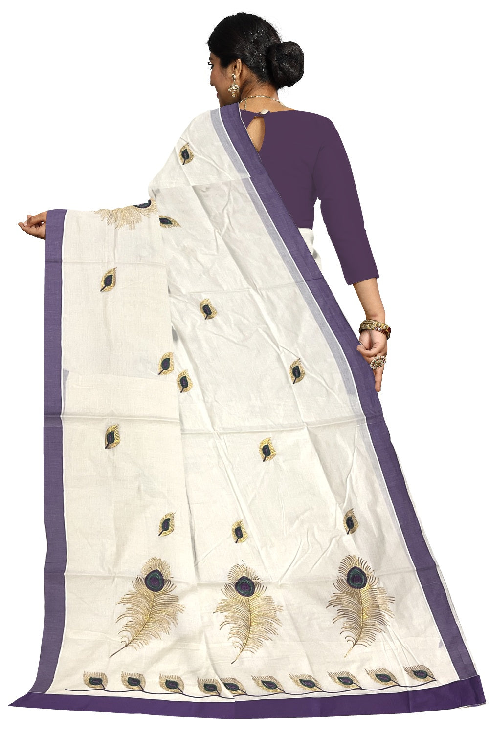 Pure Cotton Kerala Saree with Feather Embroidery Work and Violet Border (Onam Saree 2023)