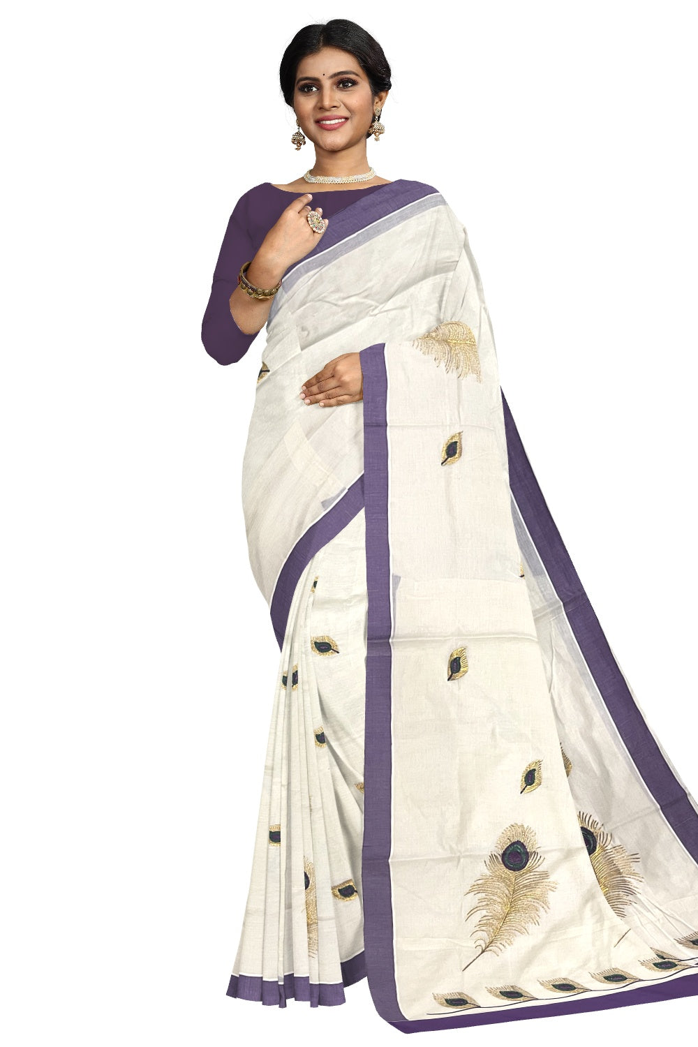 Pure Cotton Kerala Saree with Feather Embroidery Work and Violet Border (Onam Saree 2023)