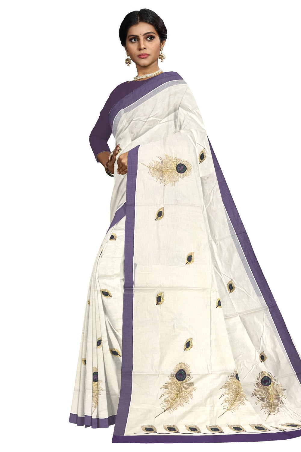 Pure Cotton Kerala Saree with Feather Embroidery Work and Violet Border (Onam Saree 2023)