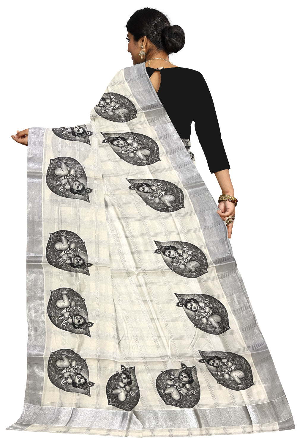 Pure Cotton Kerala Silver Kasavu Check Design Saree with Baby Krishna Mural Prints and Black Border