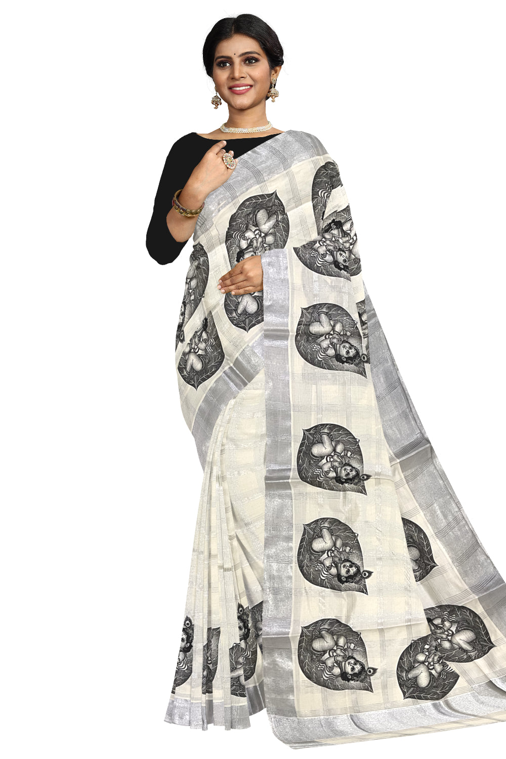 Pure Cotton Kerala Silver Kasavu Check Design Saree with Baby Krishna Mural Prints and Black Border