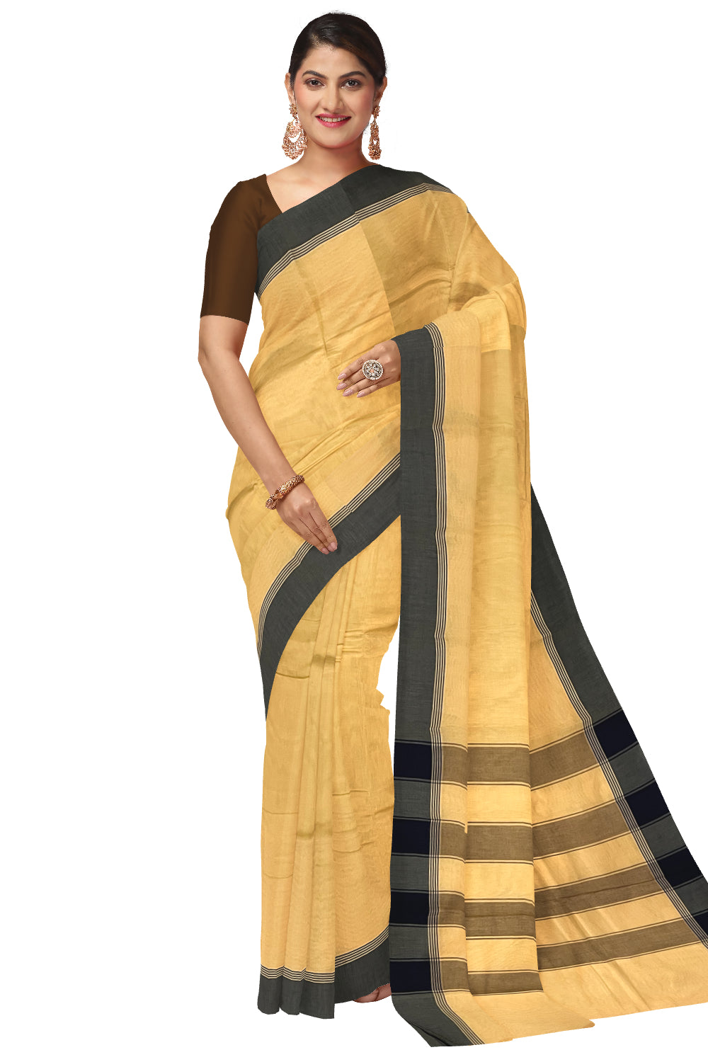 Southloom Cotton Light Brown Plain Saree with Dark Brown Border