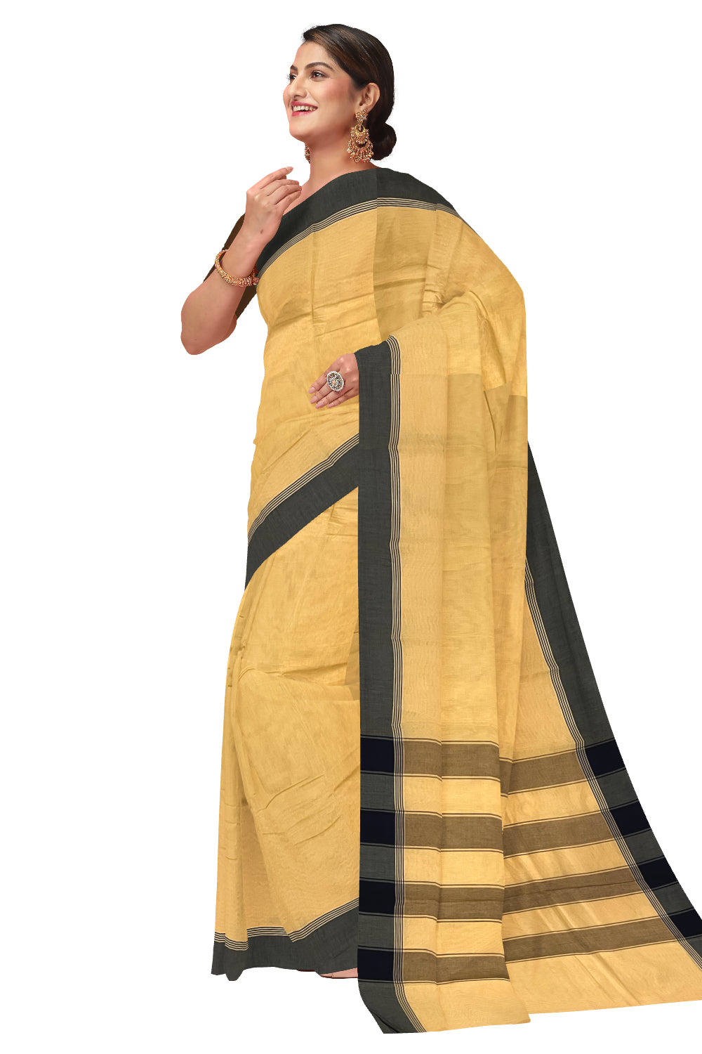 Southloom Cotton Light Brown Plain Saree with Dark Brown Border