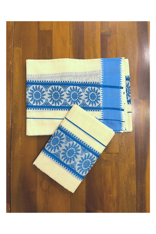 Kerala Cotton Single Set Mundu (Mundum Neriyathum) with Sky Blue Woven Designs on Border - 2.80Mtrs