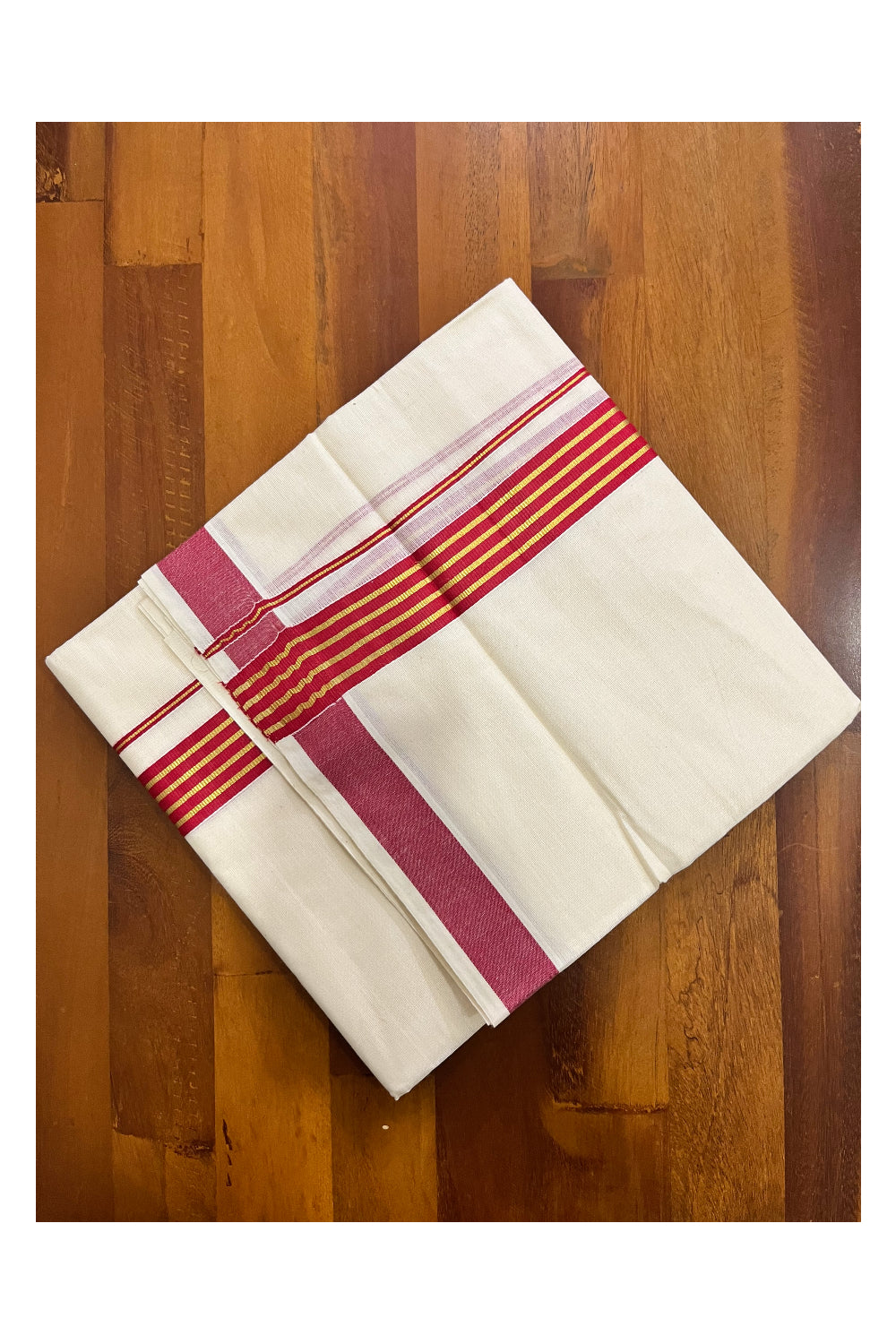 Off White Kerala Cotton Double Mundu with Kasavu and Maroon Border (South Indian Kerala Dhoti)