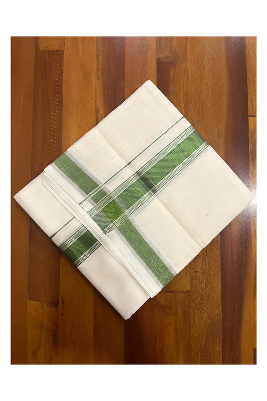 Southloom Premium Handloom Cotton Double Mundu with Silver and Green Kasavu Design Border (South Indian Kerala Dhoti)