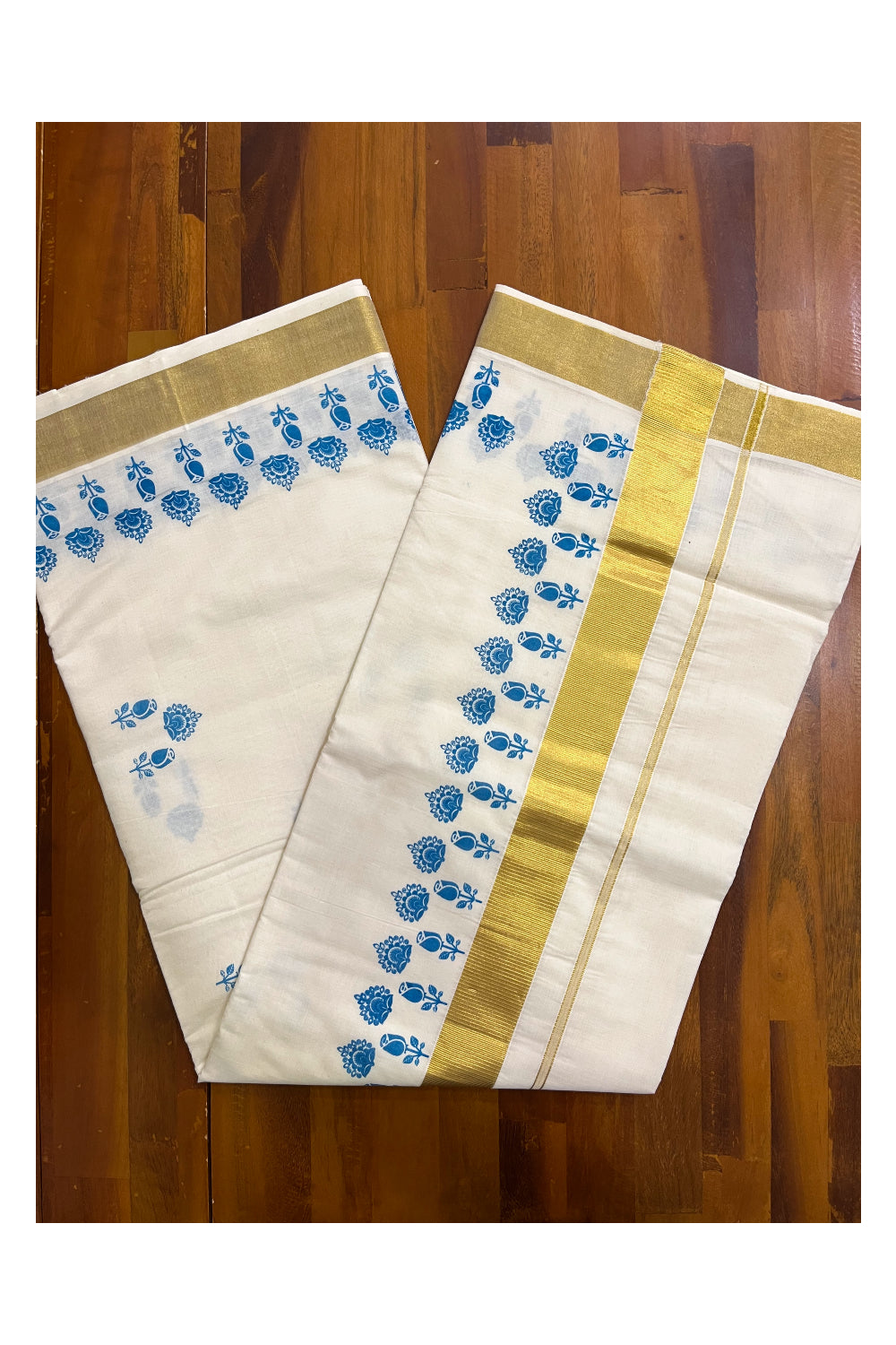 Pure Cotton Kerala Kasavu Saree with Blue Block Prints and Kasavu Border