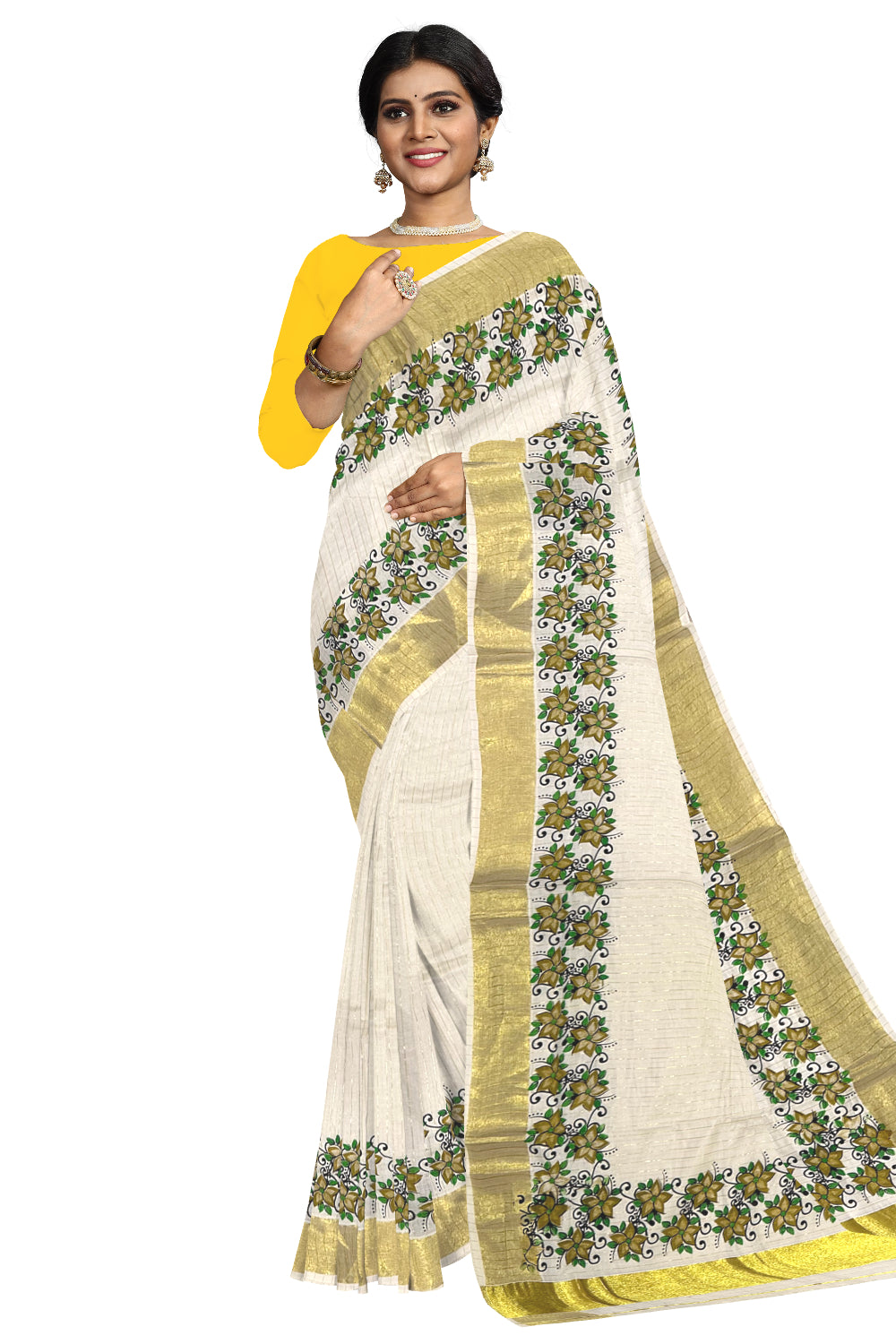 Kerala Pure Cotton Brown Floral Printed and Kasavu Lines Saree (Onam Saree 2023)