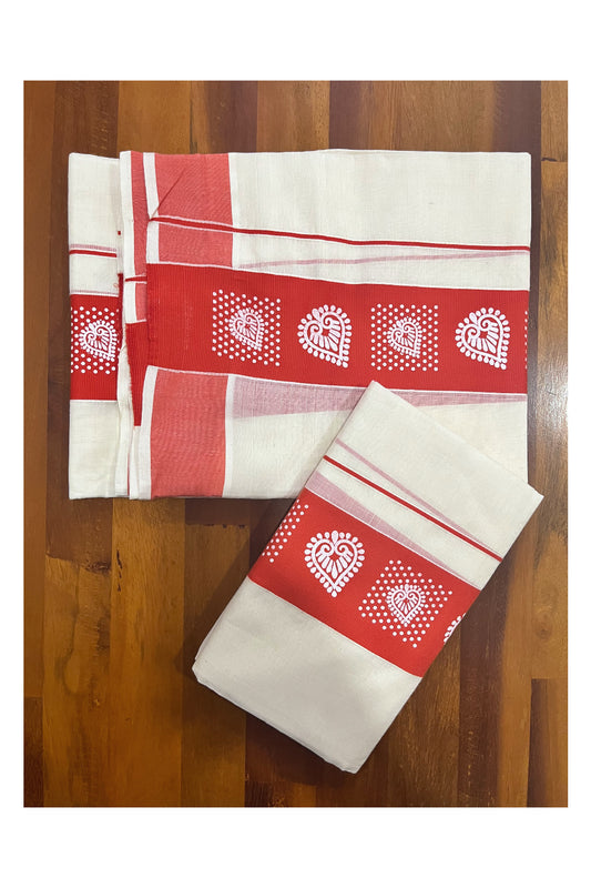 Kerala Cotton Single Set Mundu (Mundum Neriyathum) with Block Prints in Orange Border