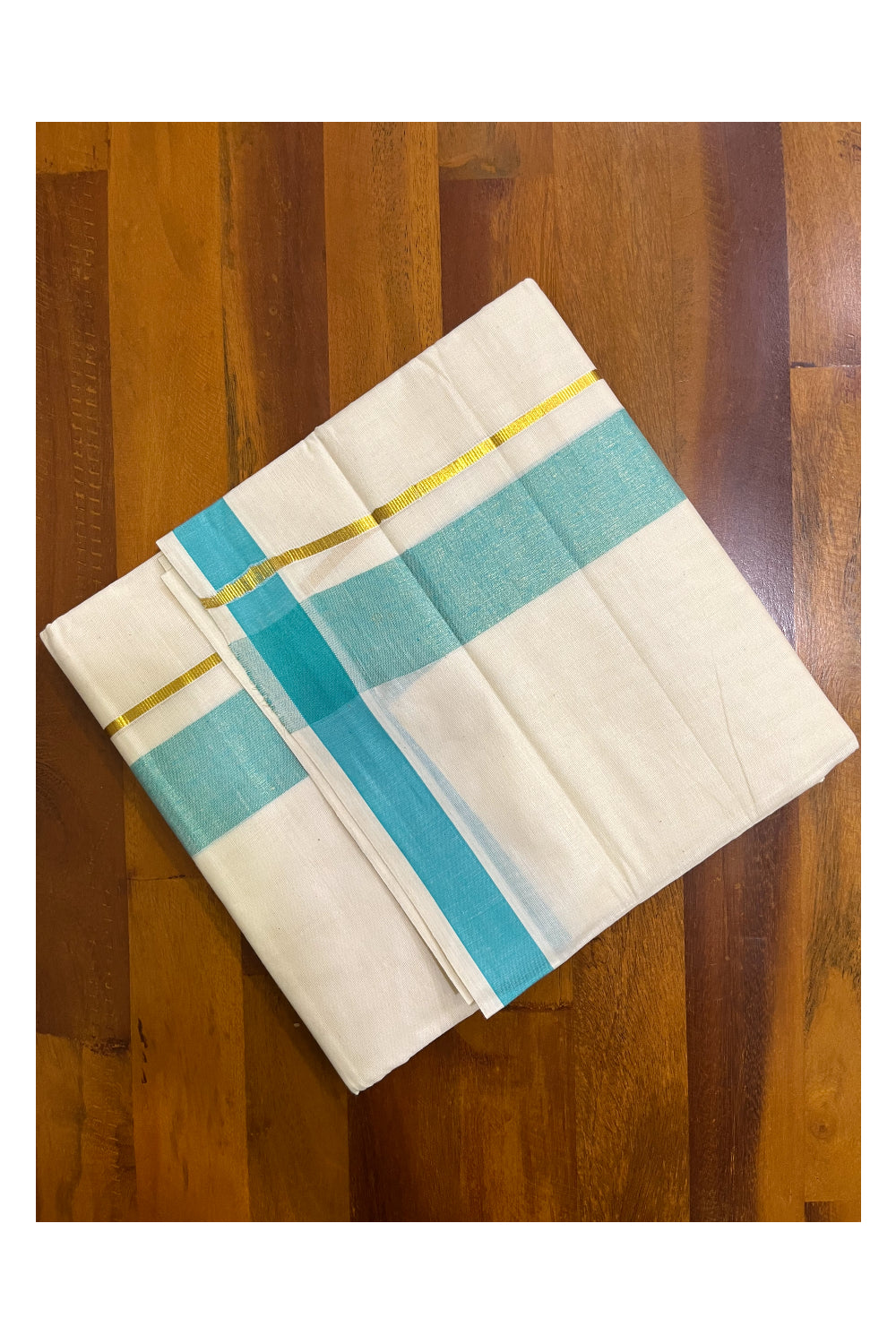 Kerala Pure Cotton Double Mundu with Turquoise Kasavu Border (South Indian Kerala Dhoti)