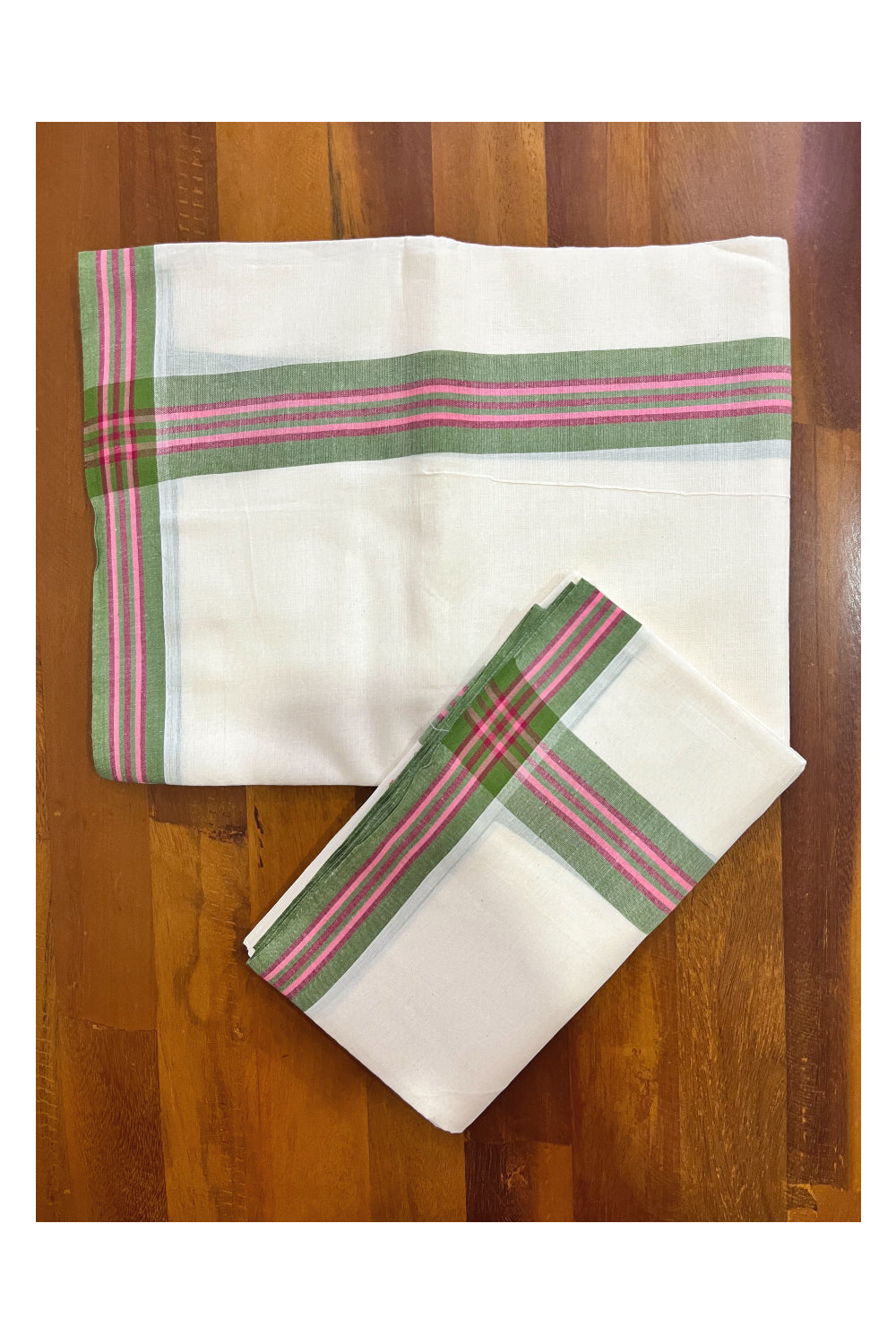 Kerala Cotton Mulloth Mundum Neriyathum Single (Set Mundu) with Green Pink Border (Extra Soft Cotton) 2.80 Mtrs