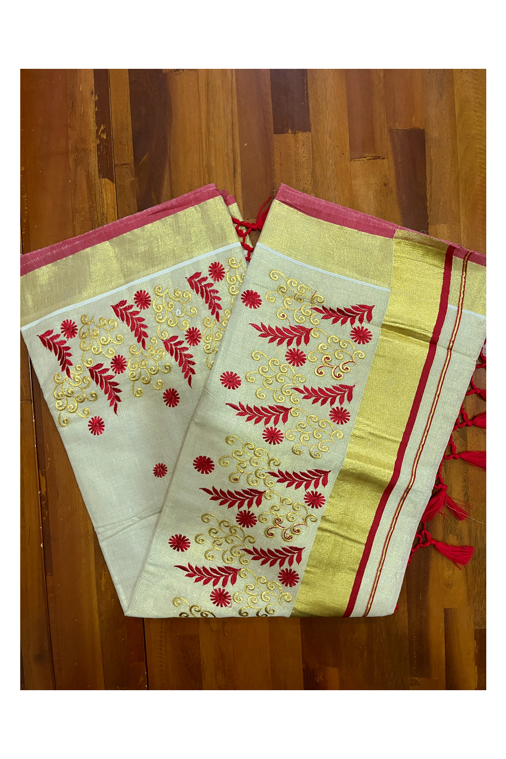 Kerala Tissue Kasavu Heavy Work Saree with Golden and Red Leaf Embroidery Design