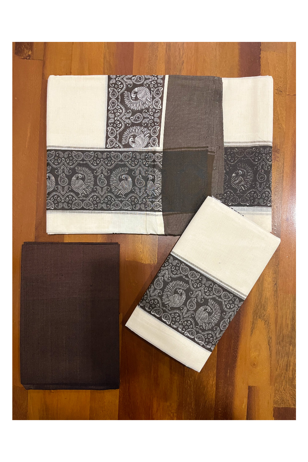 Pure Cotton Kerala Single Set Mundu (Mundum Neriyathum) with Block Printed Border and Dark Brown Blouse Piece