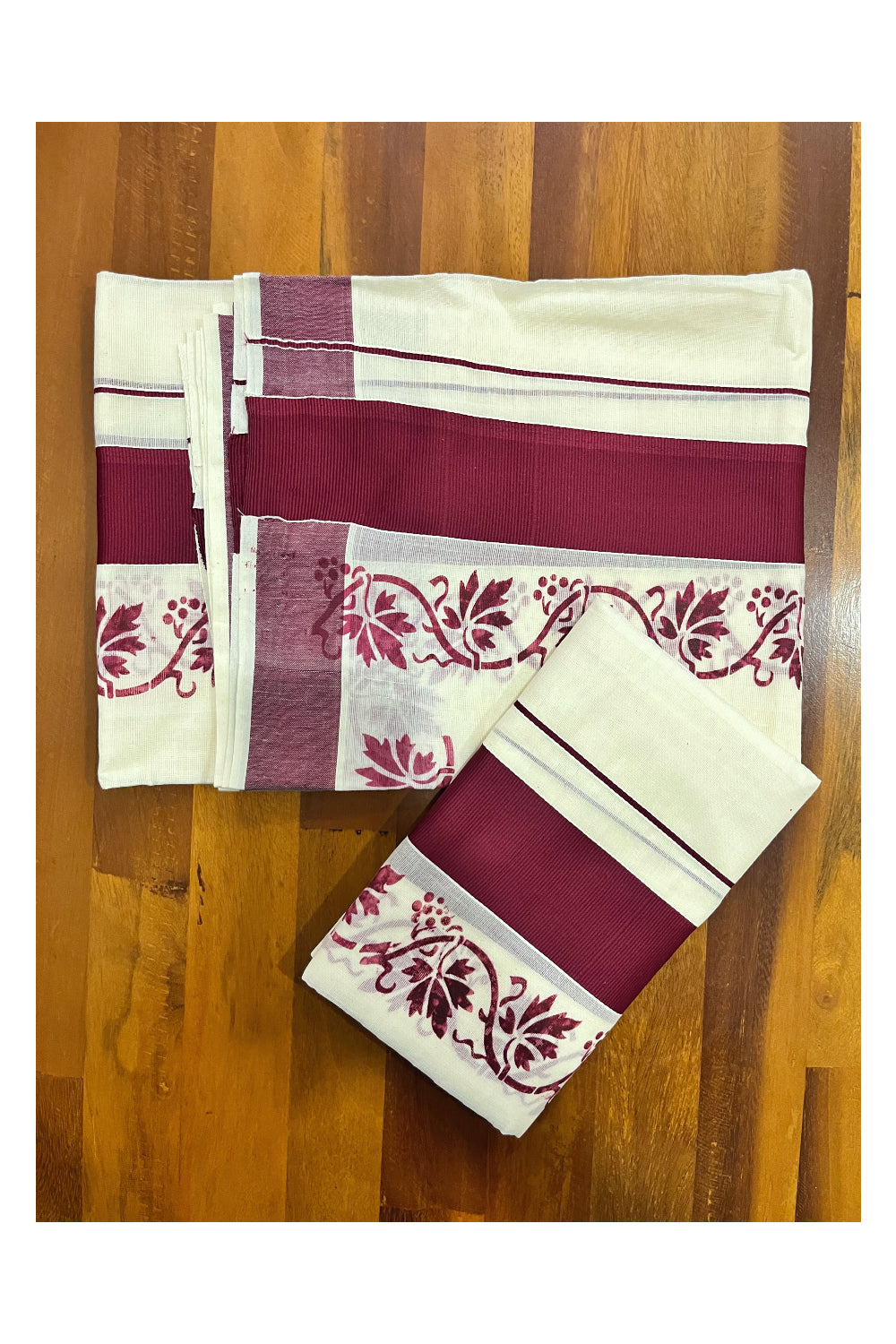 Kerala Pure Cotton Set Mundu Single (Mundum Neriyathum) with Maroon Floral Block Prints