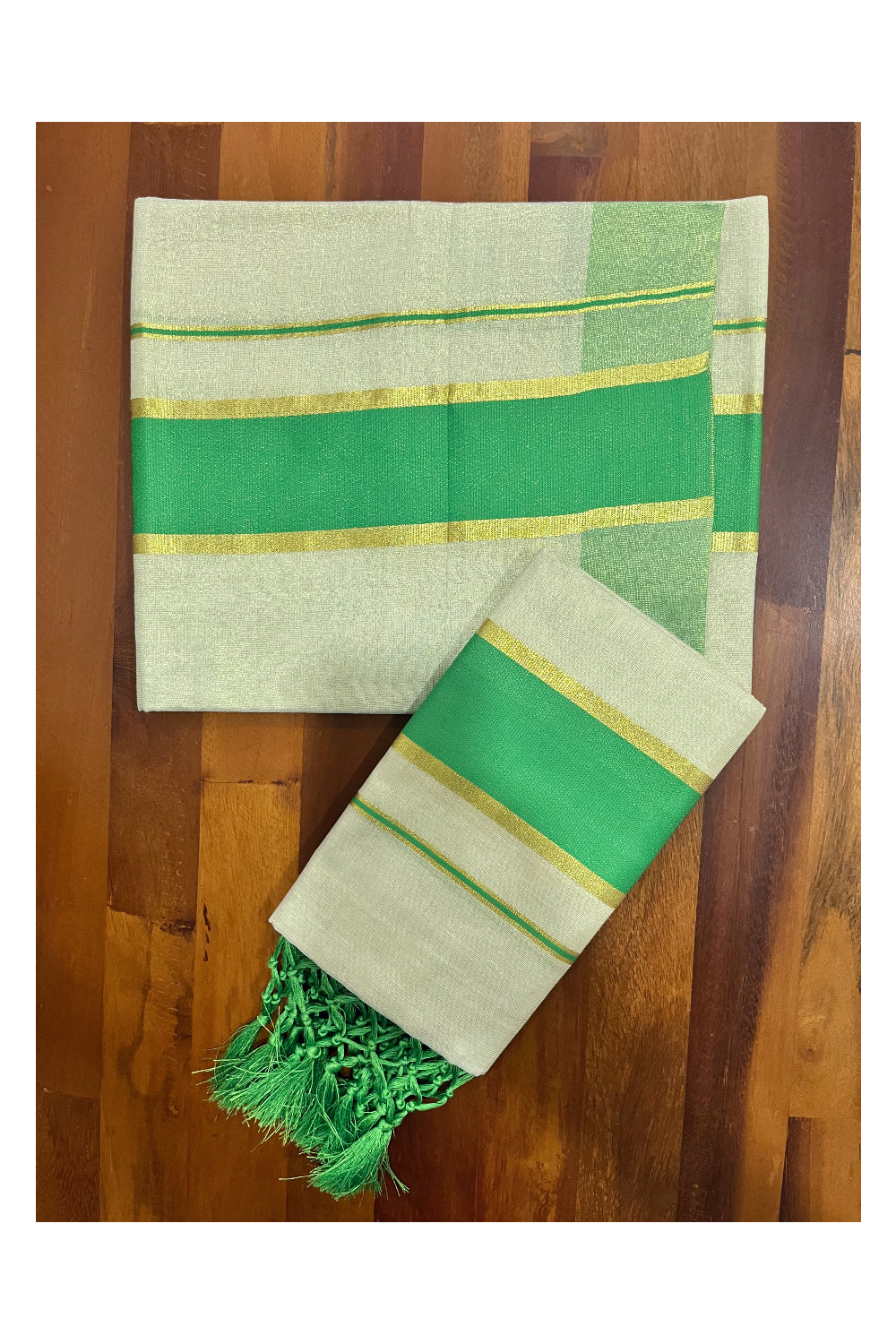 Kerala Tissue Kasavu Set Mundu (Mundum Neriyathum) with Light Green Kara and Tassels on Pallu 2.80 Mtrs