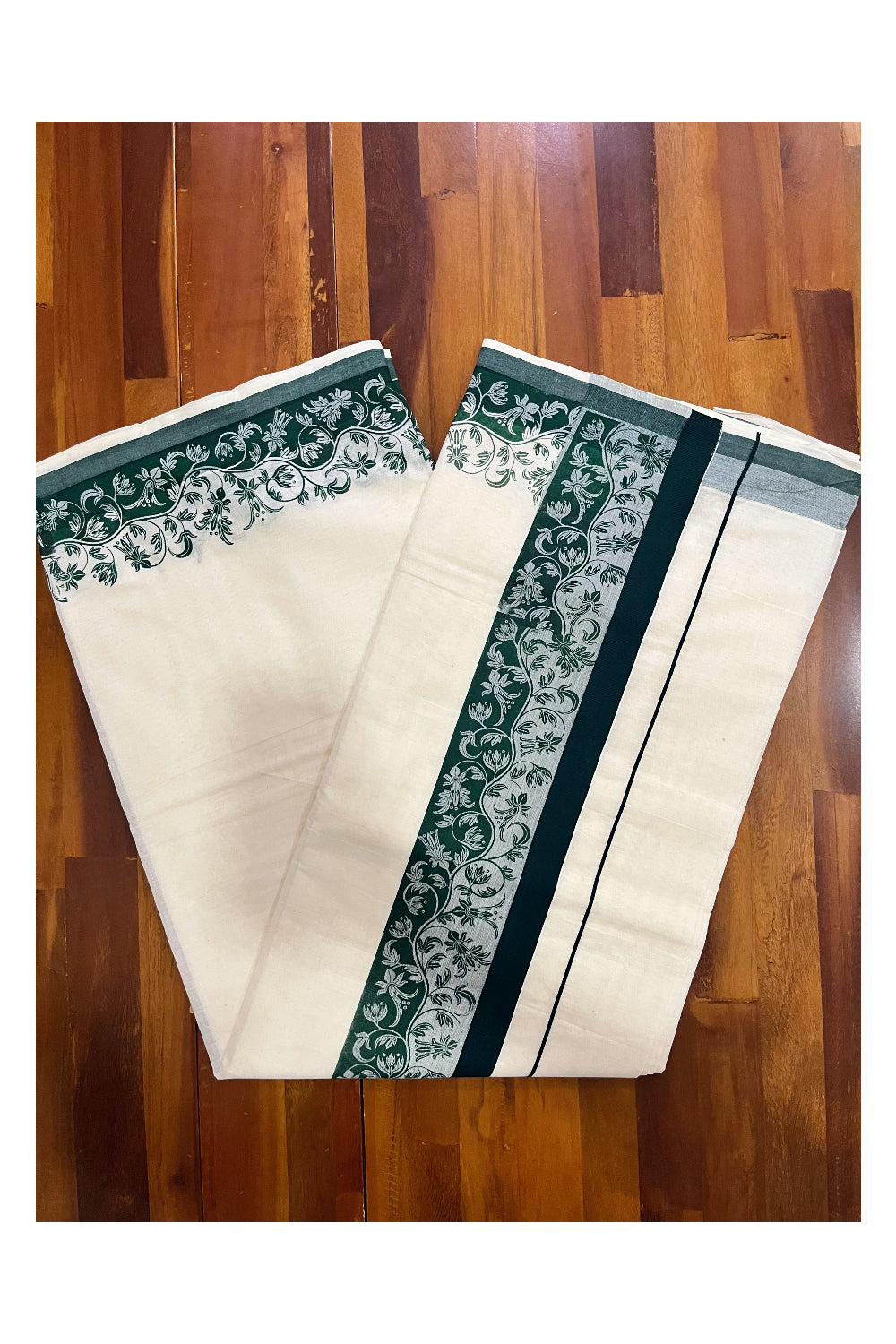 Kerala Cotton Saree with Dark Green Floral Block Printed Border