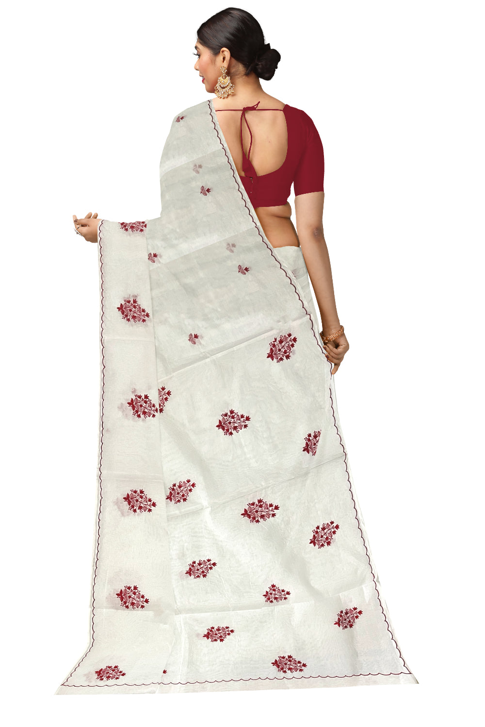 Southloom Cotton Pure White Saree with Red Woven Works on Body (2023 Christmas Special Saree)