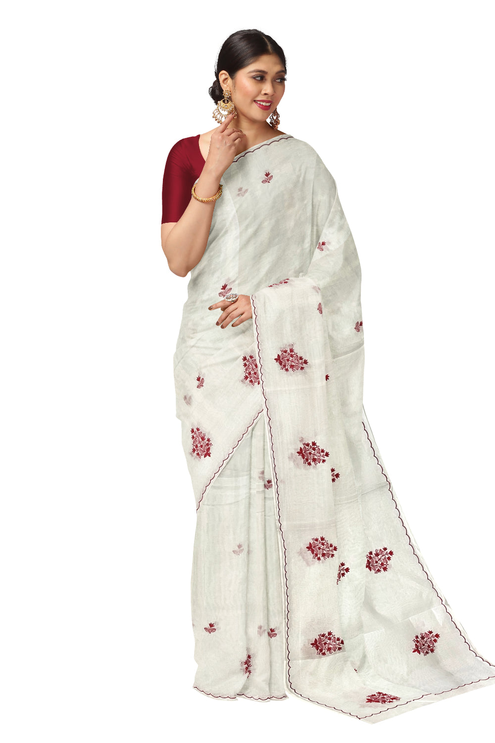 Southloom Cotton Pure White Saree with Red Woven Works on Body (2023 Christmas Special Saree)