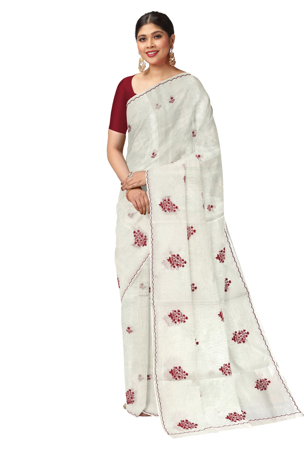 Southloom Cotton Pure White Saree with Red Woven Works on Body (2023 Christmas Special Saree)