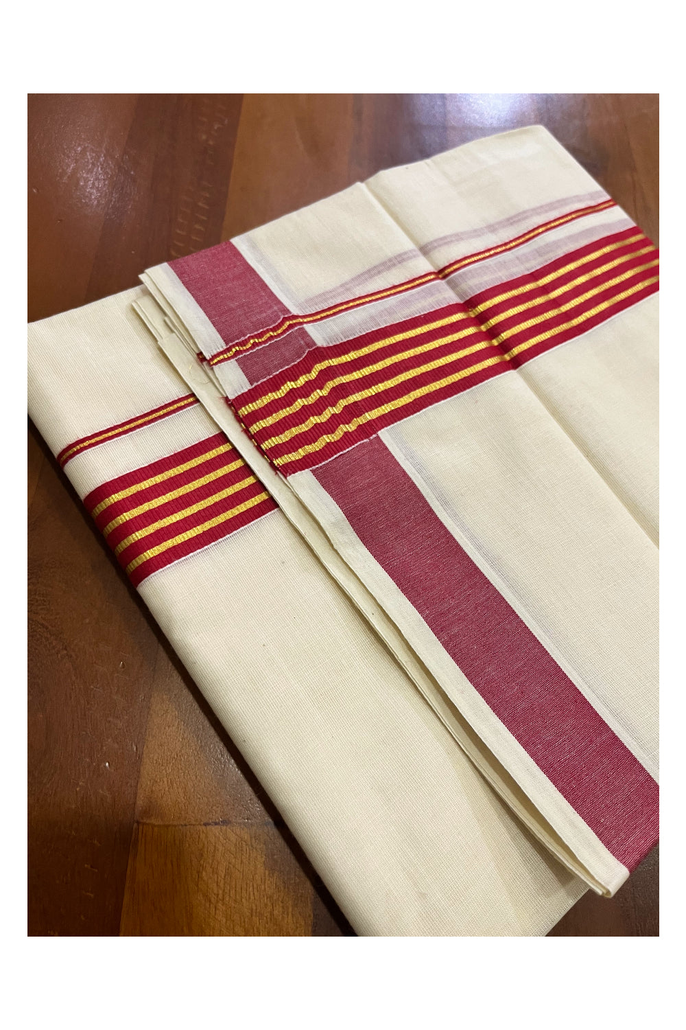 Off White Kerala Cotton Double Mundu with Kasavu and Maroon Border (South Indian Kerala Dhoti)