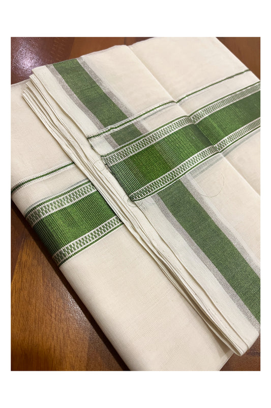 Southloom Premium Handloom Cotton Double Mundu with Silver and Green Kasavu Design Border (South Indian Kerala Dhoti)