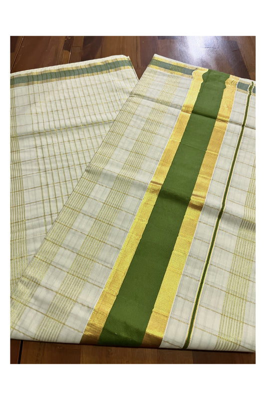 Kerala Pure Cotton Kasavu Check Designs Saree with Olive Green Border