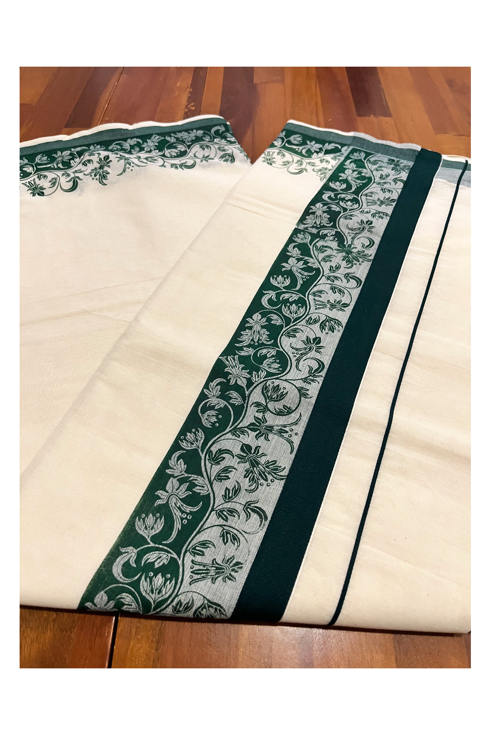 Kerala Cotton Saree with Dark Green Floral Block Printed Border