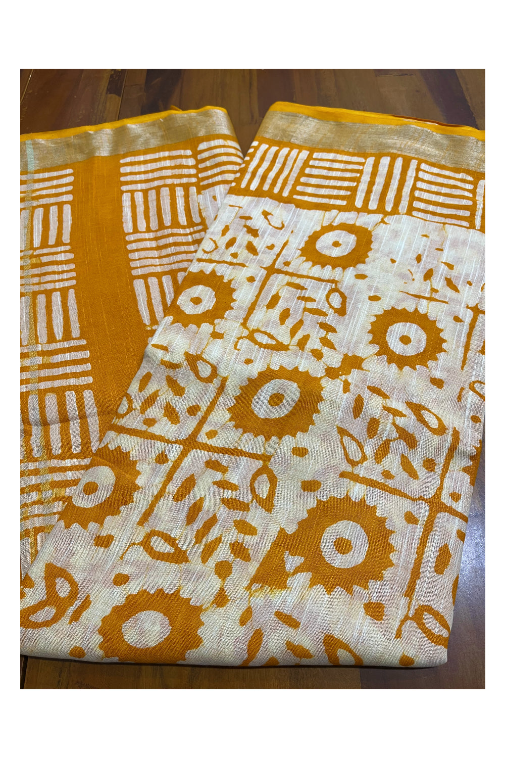 Southloom Linen Yellow and White Designer Printed Saree