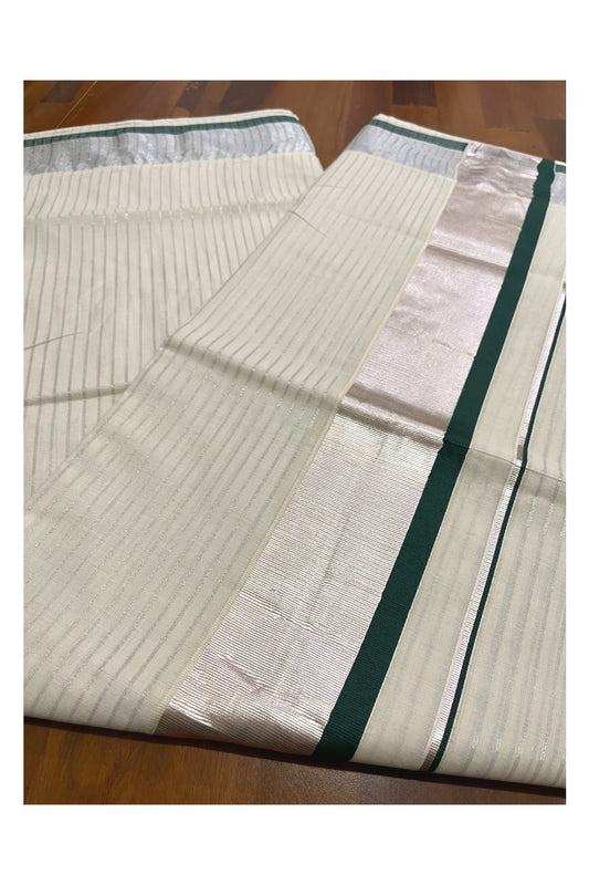 Pure Cotton Kerala Silver Kasavu Lines Saree with 3 inch Green and Silver Border (Onam Saree 2023)