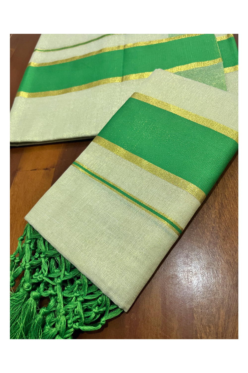 Kerala Tissue Kasavu Set Mundu (Mundum Neriyathum) with Light Green Kara and Tassels on Pallu 2.80 Mtrs