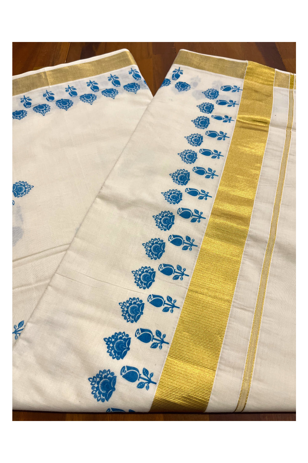 Pure Cotton Kerala Kasavu Saree with Blue Block Prints and Kasavu Border