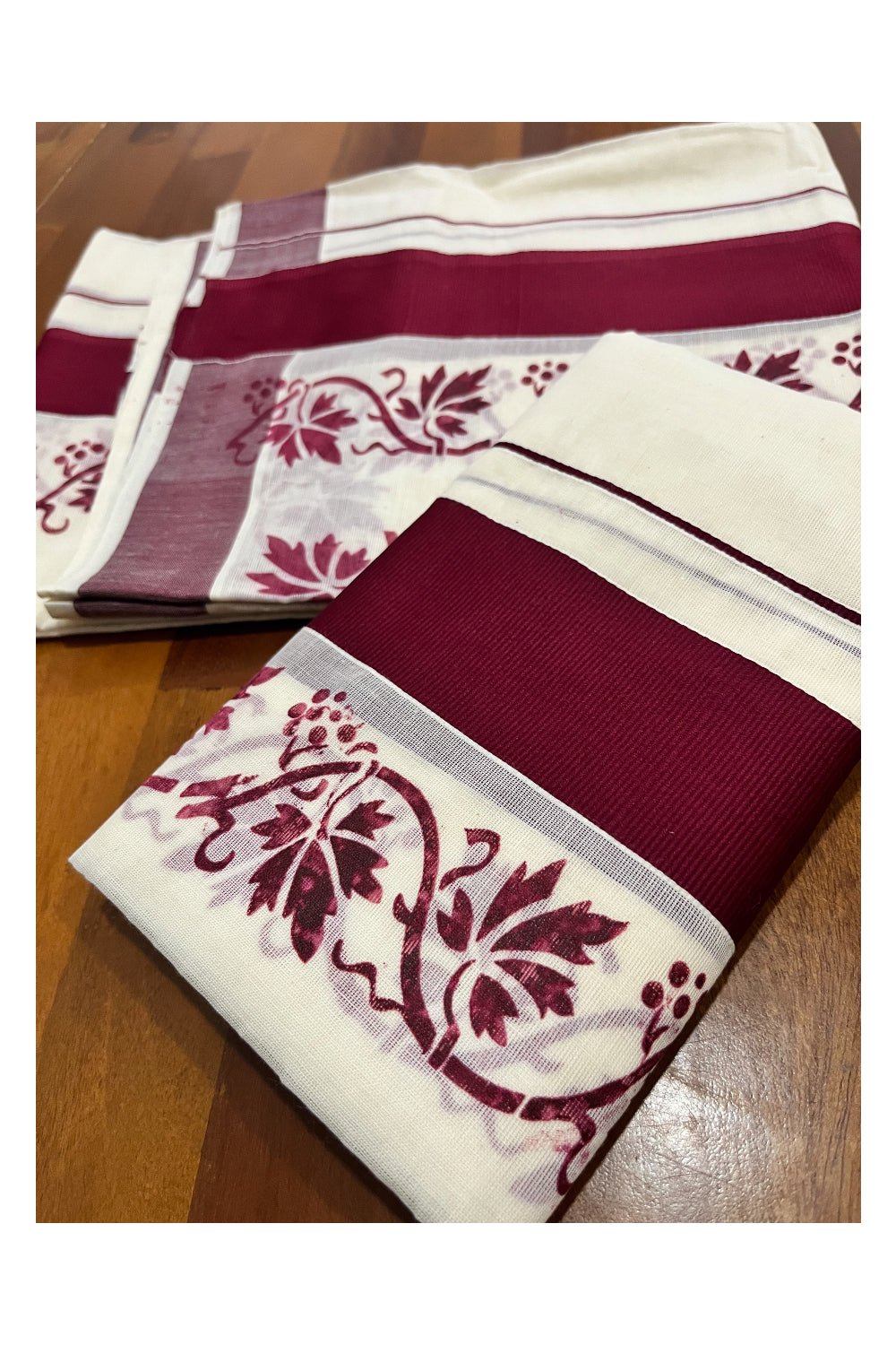 Kerala Pure Cotton Set Mundu Single (Mundum Neriyathum) with Maroon Floral Block Prints