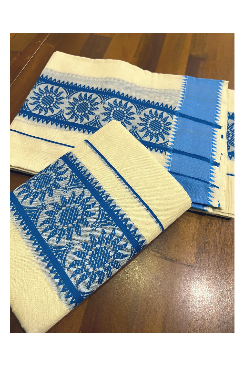 Kerala Cotton Single Set Mundu (Mundum Neriyathum) with Sky Blue Woven Designs on Border - 2.80Mtrs