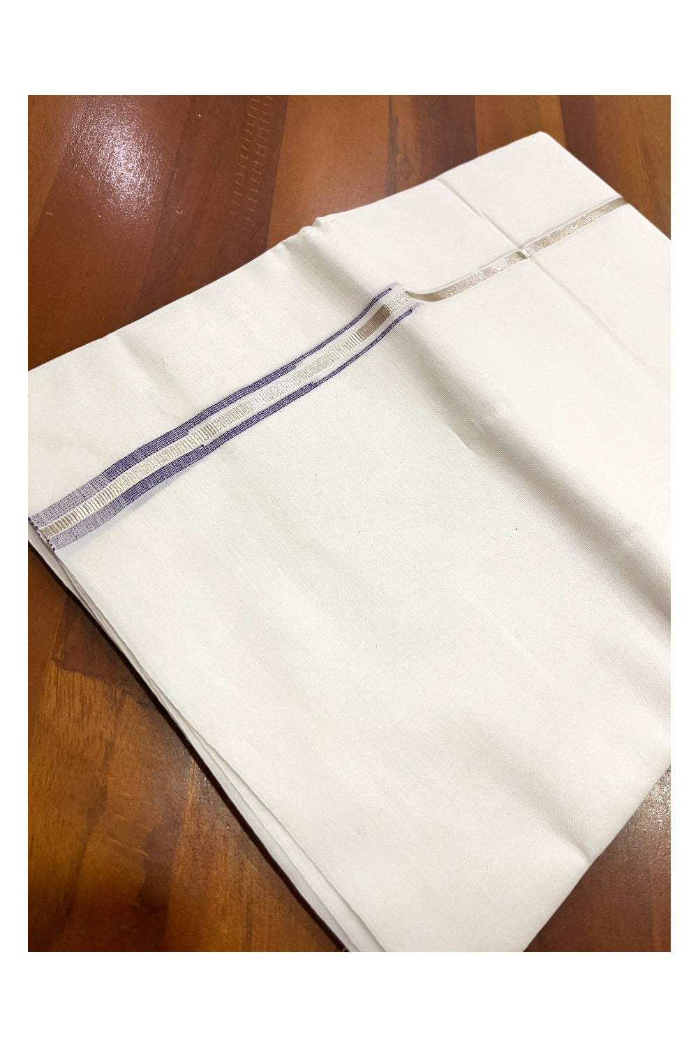 Pure White Cotton Double Mundu with Silver Violet Chutti Kara (South Indian Kerala Dhoti)