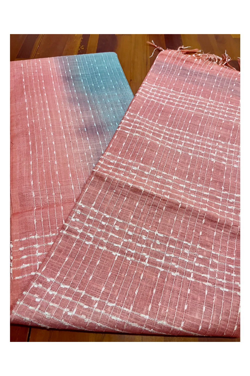 Southloom Semi Organza Check Design Grey Saree with Peach Border