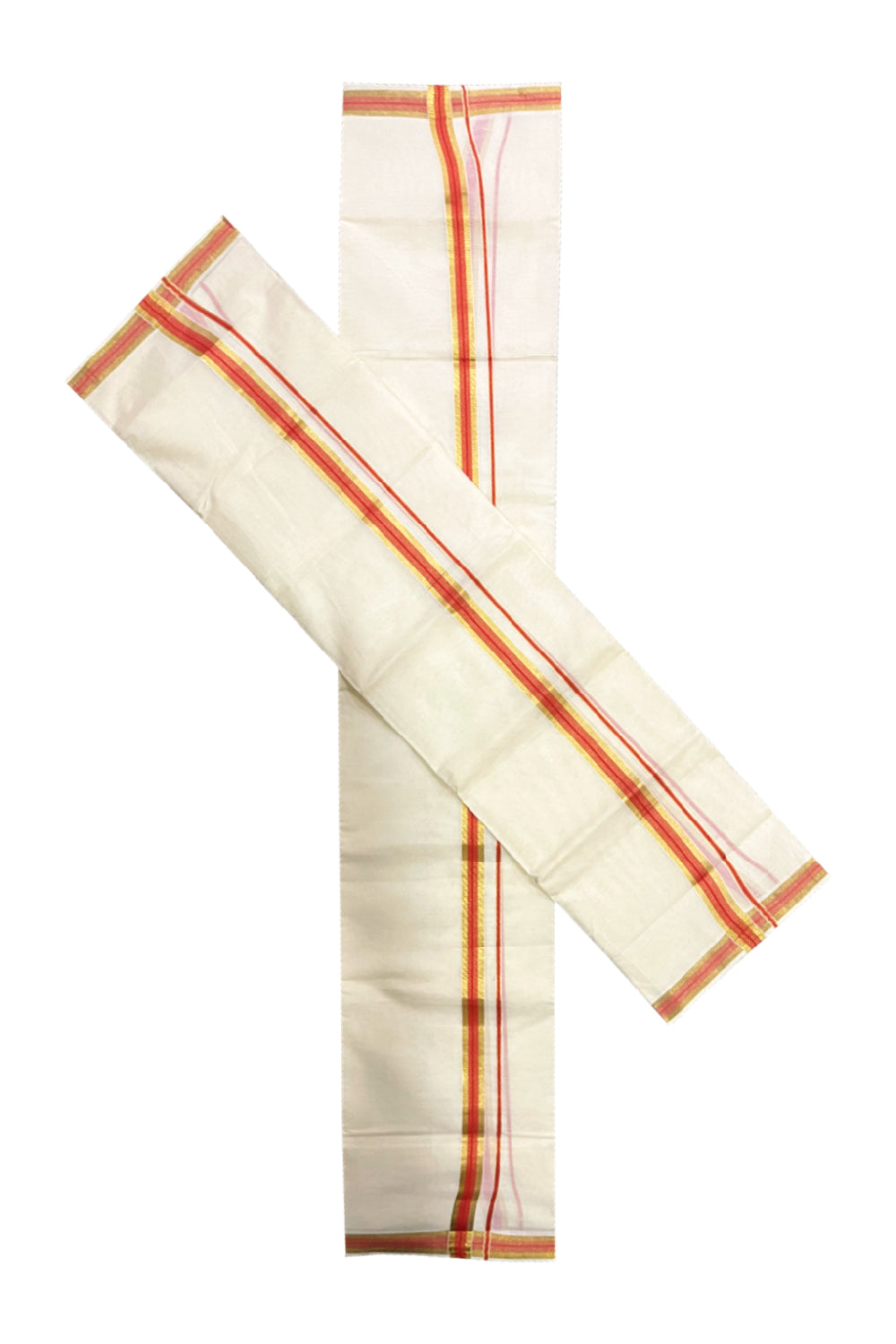 Pure Cotton Kerala Single Set Mundu (Mundum Neriyathum) with Orange and Kasavu Border 2.80 Mtrs