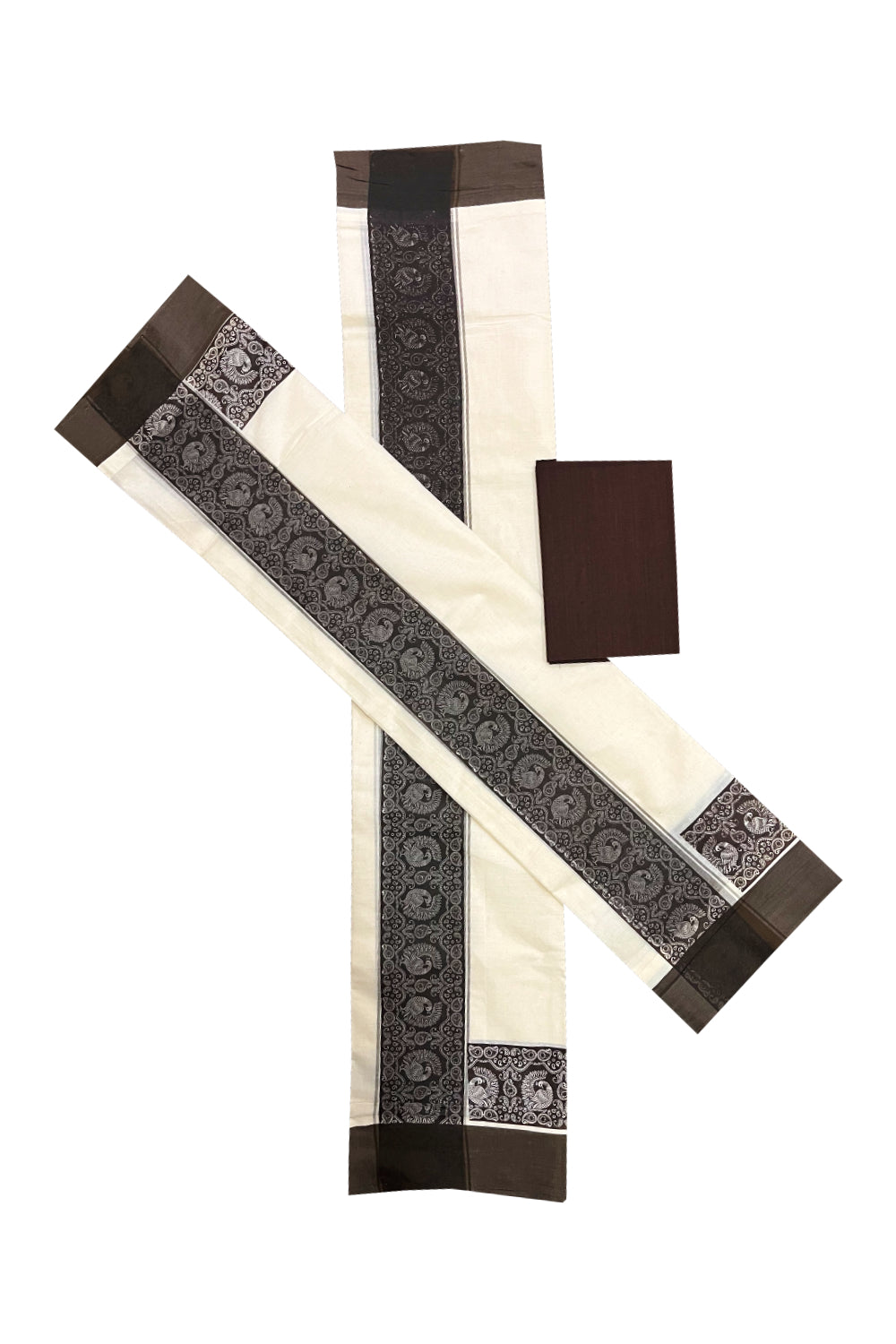 Pure Cotton Kerala Single Set Mundu (Mundum Neriyathum) with Block Printed Border and Dark Brown Blouse Piece