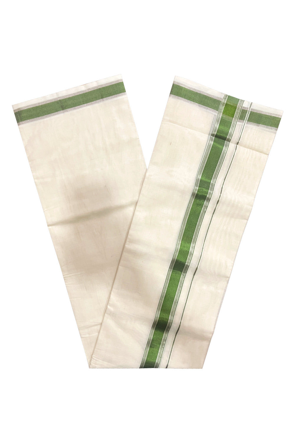 Southloom Premium Handloom Cotton Double Mundu with Silver and Green Kasavu Design Border (South Indian Kerala Dhoti)