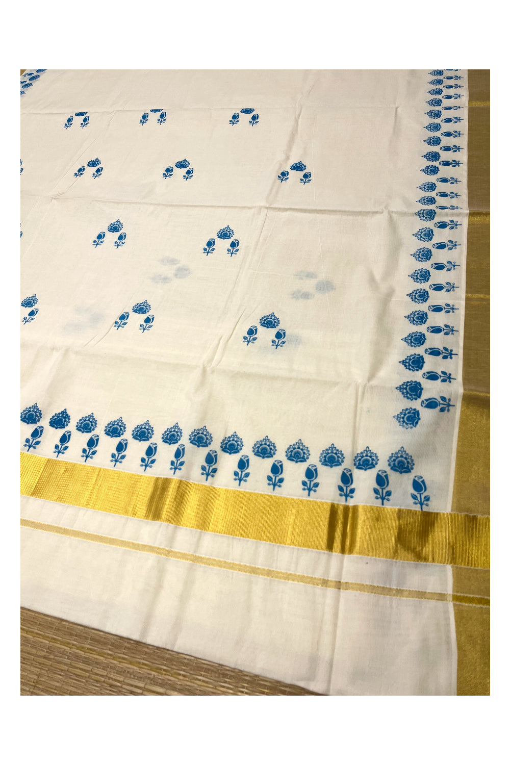 Pure Cotton Kerala Kasavu Saree with Blue Block Prints and Kasavu Border