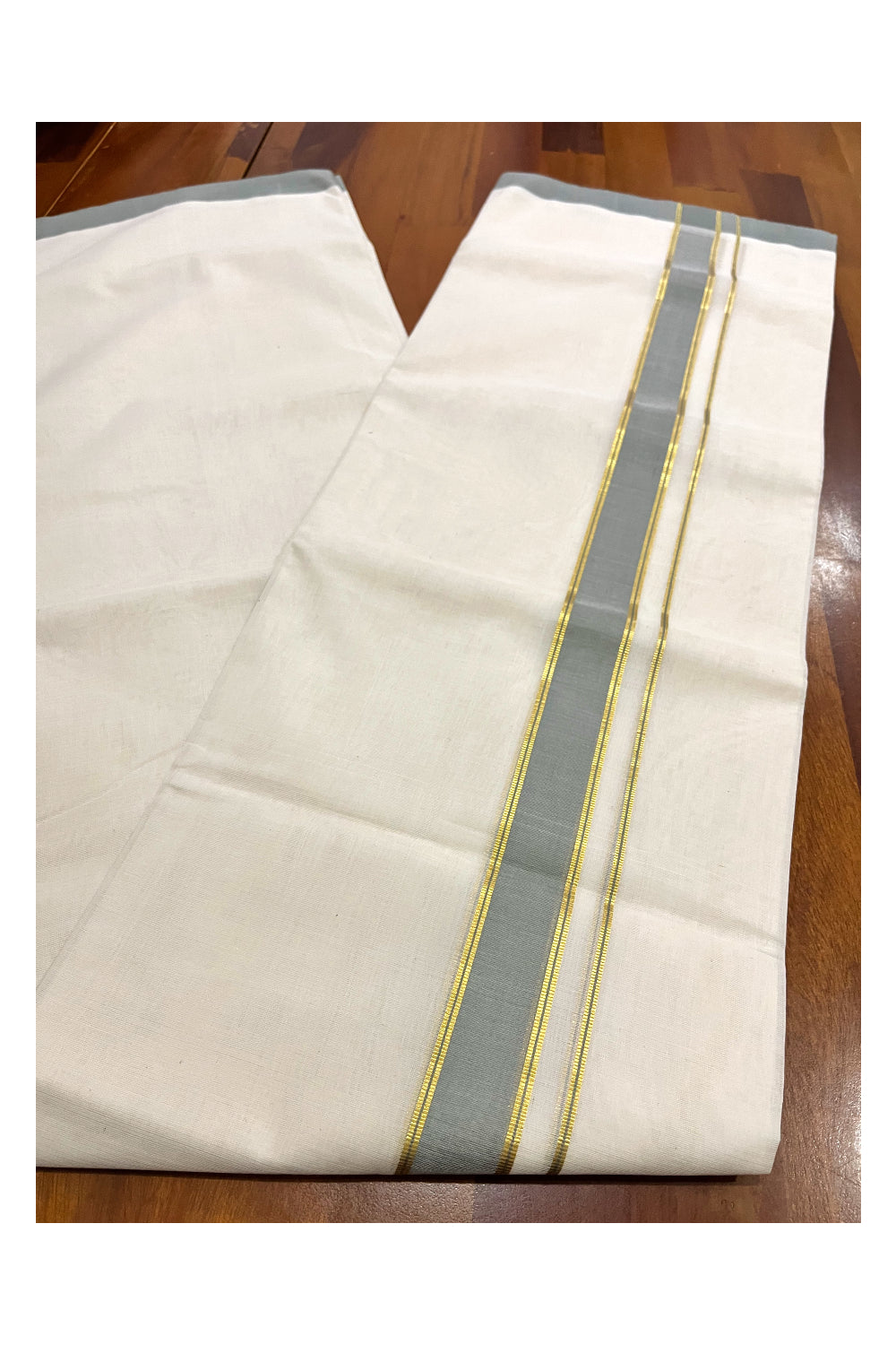 Southloom Premium Balaramapuram Unakkupaavu Handloom Mundu with Kasavu and Grey Border (South Indian Kerala Dhoti)