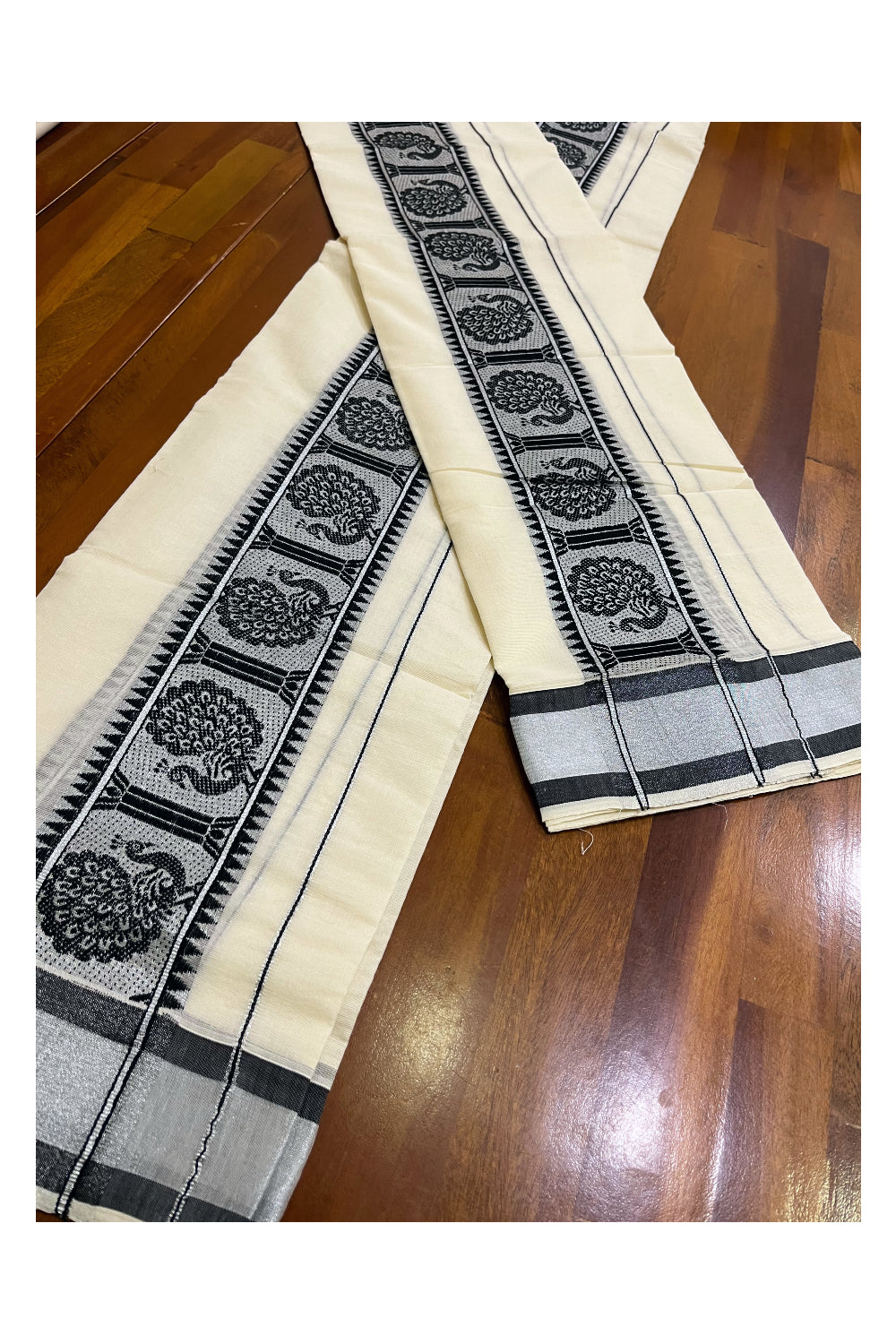 Kerala Cotton Single Set Mundu (Mundum Neriyathum) with Black Peacock Woven Border 2.80 Mtrs